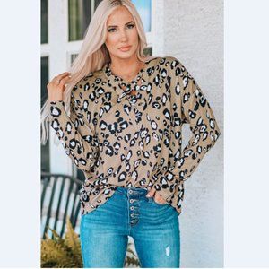 Leopard Crisscross V-Neck Dropped Shoulder Top